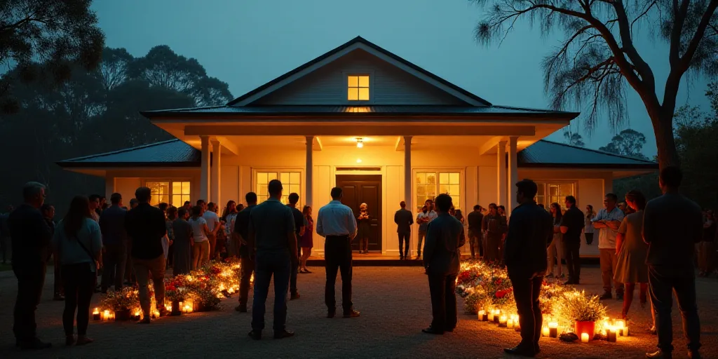 a bunch of people standing in front of a building with flowers and candles on the ground and people