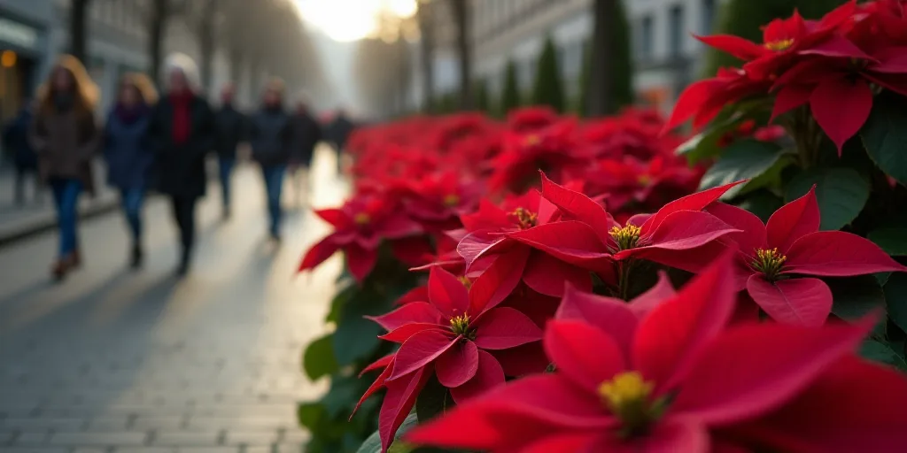 a bunch of poinsettias are lined up in a row on the street with people walking by, Ceferí Olivé, f