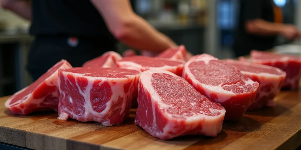 a bunch of raw meat is being prepared in a kitchen area for consumption to people in the area,, Andr