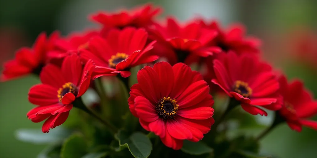 a bunch of red flowers that are growing together in a garden area with green leaves and red flowers
