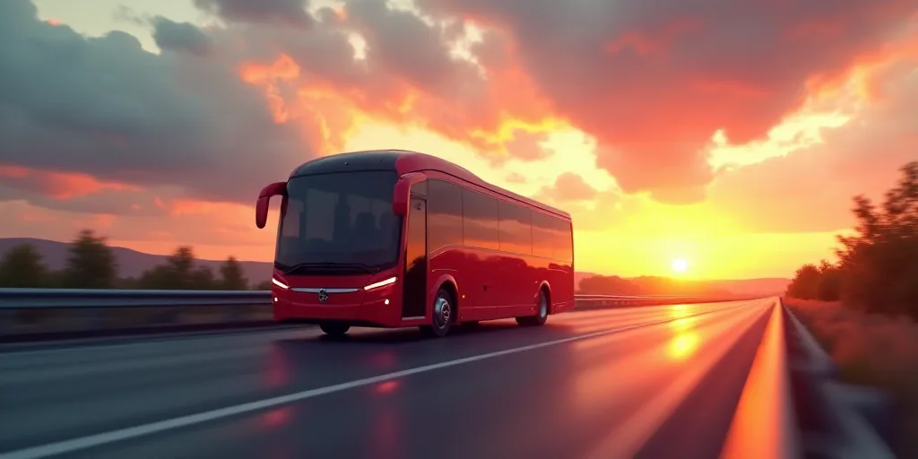 a bus driving down a road with the sun setting in the background and clouds in the sky above it, Fla