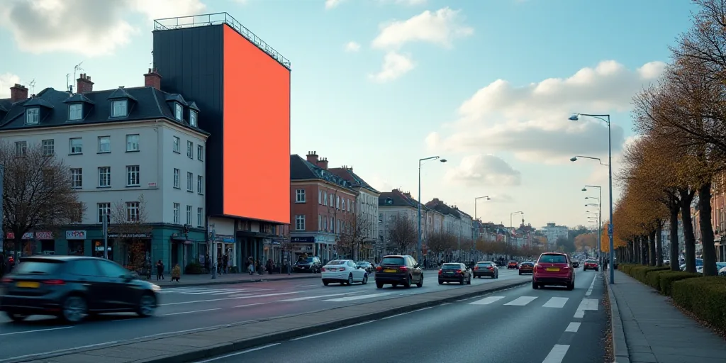 a busy city street with a large billboard on the side of it's building and cars driving down the str