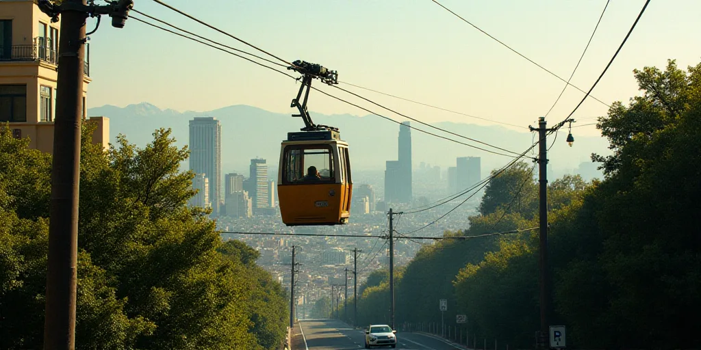 a cable car is going over a city street with trees and buildings in the background and a sky line, E