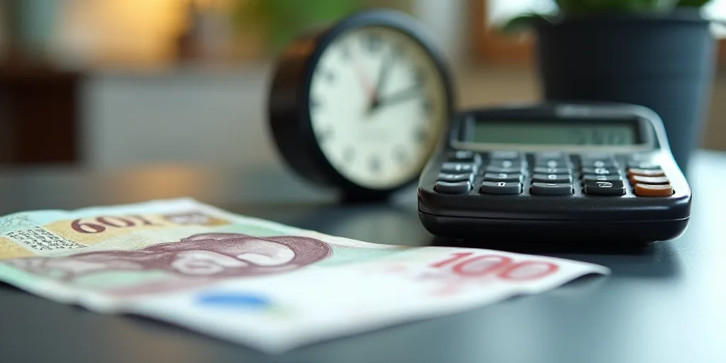 a calculator and a bank note on a table with a clock on it and a calculator, Aquirax Uno, macro, a s