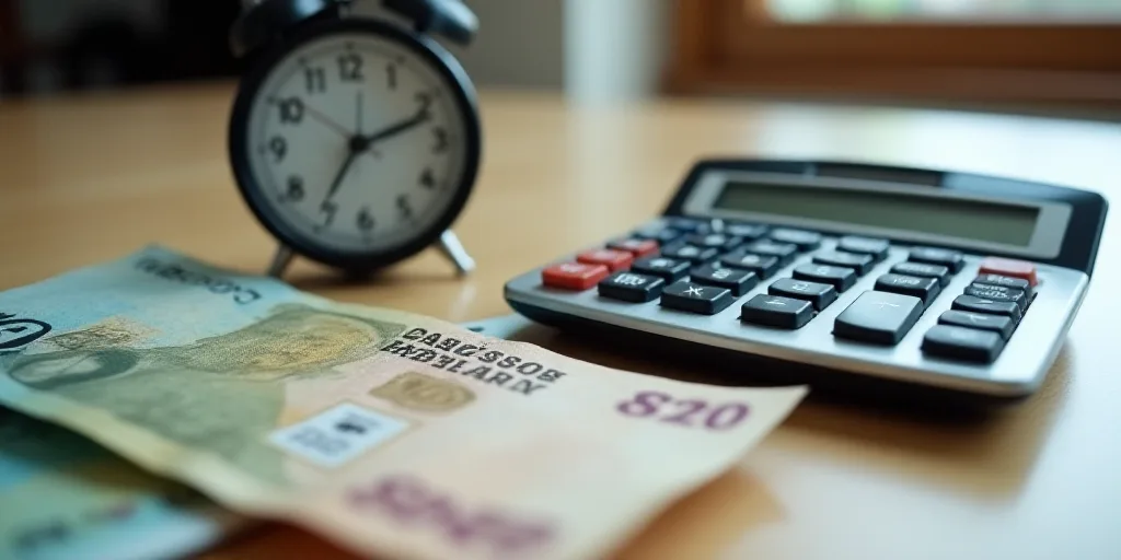 a calculator and a bank note on a table with a clock on it and a calculator, Aquirax Uno, macro, a s
