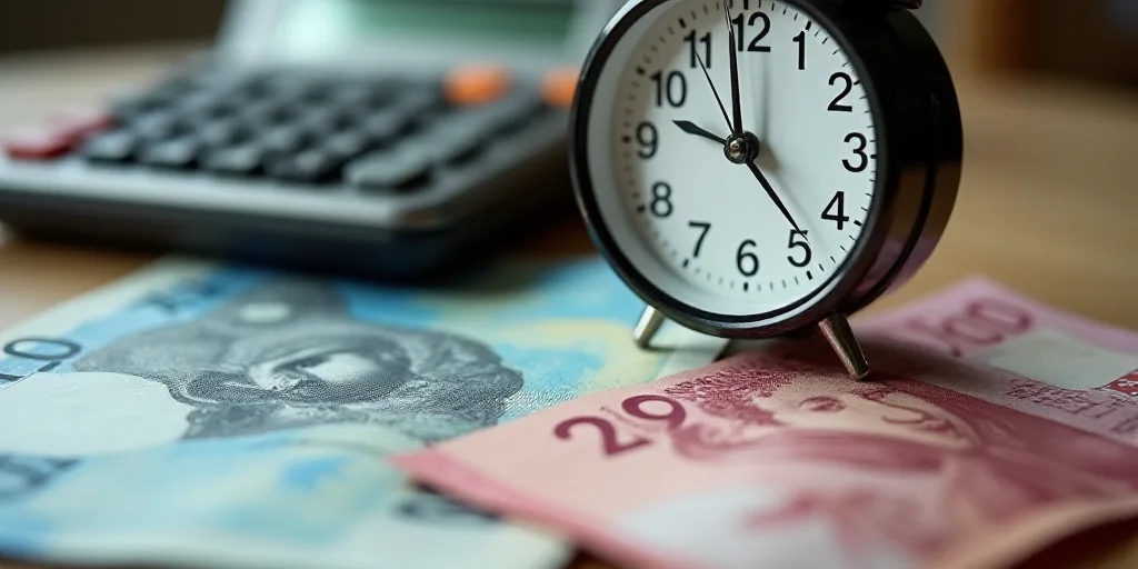 a calculator and a bank note on a table with a clock on it and a calculator, Aquirax Uno, macro, a s