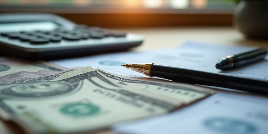 a calculator, money, and calculator on a table top with a calculator, Aquirax Uno, macro, a stock ph