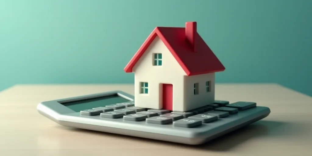 a calculator with a house model on top of it and a calculator in front of it, Evelyn Abelson, promot