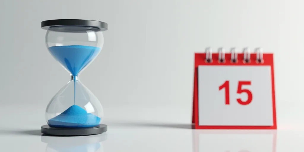 a calendar with a blue sandglass on top of it and a red and white calendar with a red border, Edi Ra