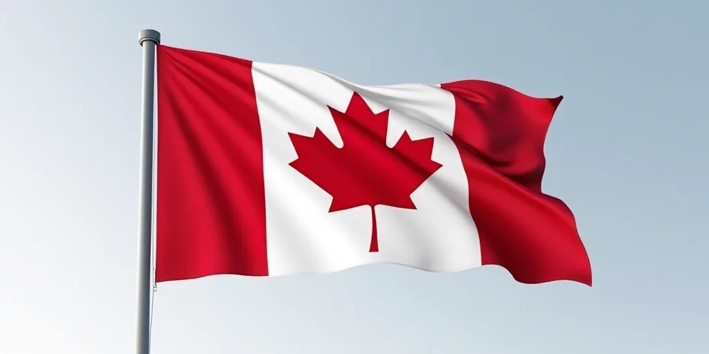 a canadian flag flying in the wind with a white and red maple leaf on it's side and a gray pole, Anc