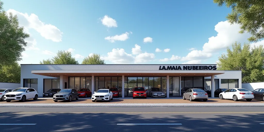 a car dealership with several cars parked in front of it and a few cars parked in front of it, Almad