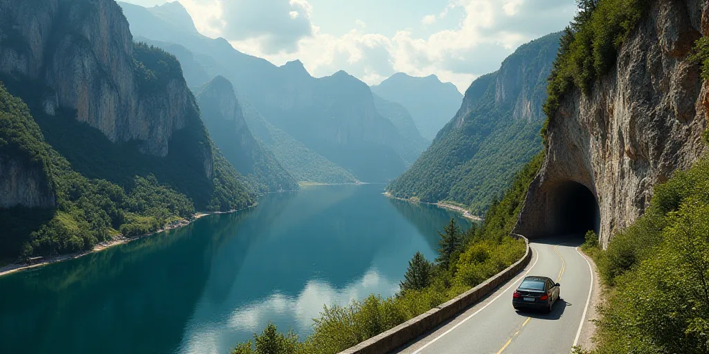 a car driving down a road next to a cliff face with a lake below it and a road going into a tunnel,
