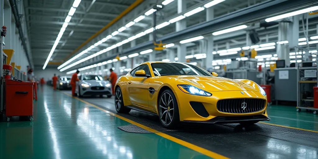 a car factory with cars on assembly line and workers working on cars on assembly line and assembly l
