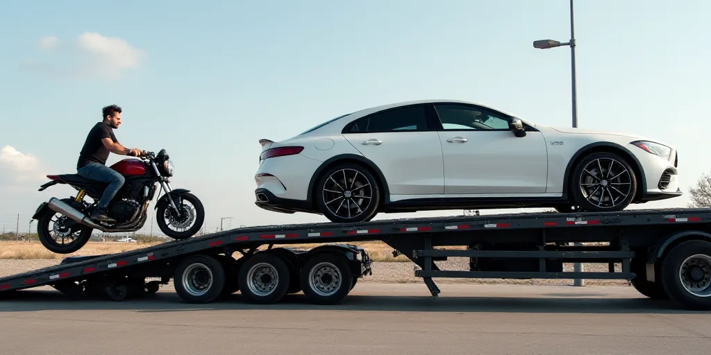 a car is being loaded onto a truck by a man on a motorcycle on a ramp with a ramp attached to it, Aq