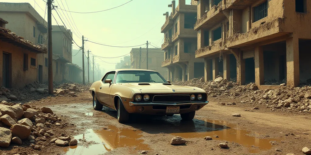 a car is parked in a muddy street with debris everywhere around it and a building in the background