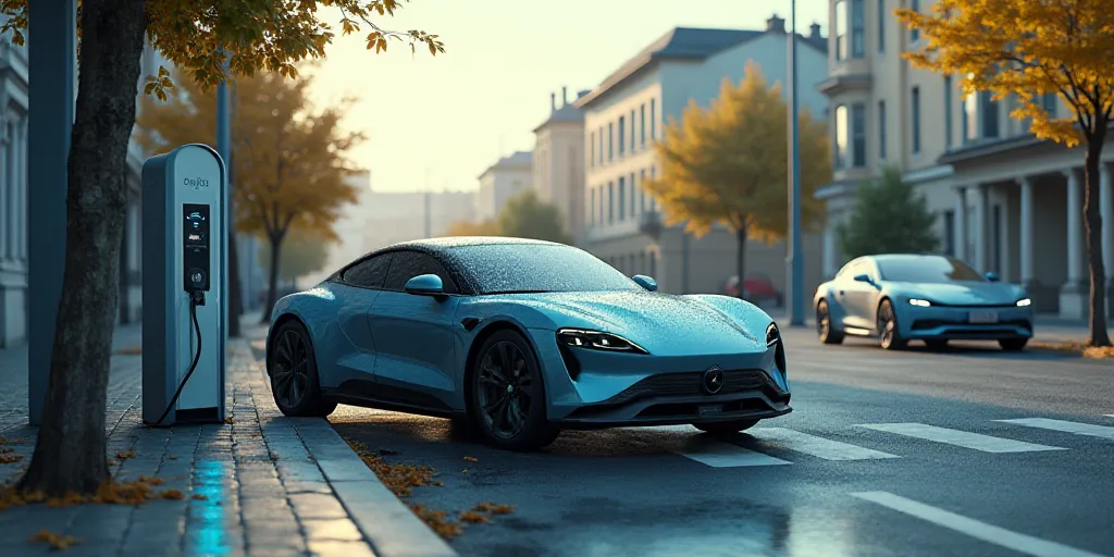 a car is plugged in to a charging station on a street corner with a car in the background, Évariste