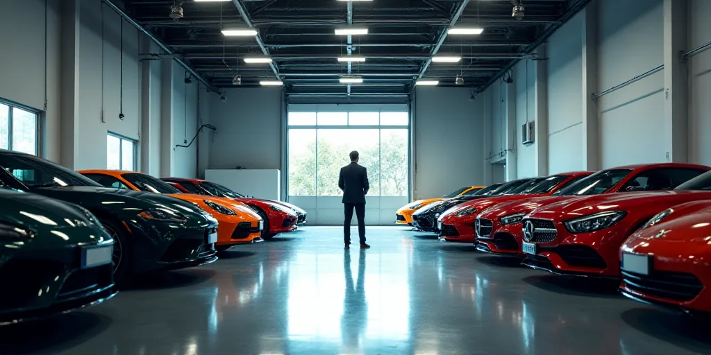 a car showroom filled with lots of cars parked in it's garages and a man standing in the doorway, An