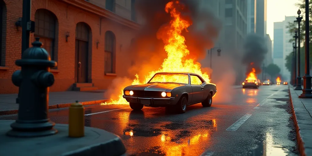 a car that is on fire in the street with a building in the background and a fire hydrant in the fore