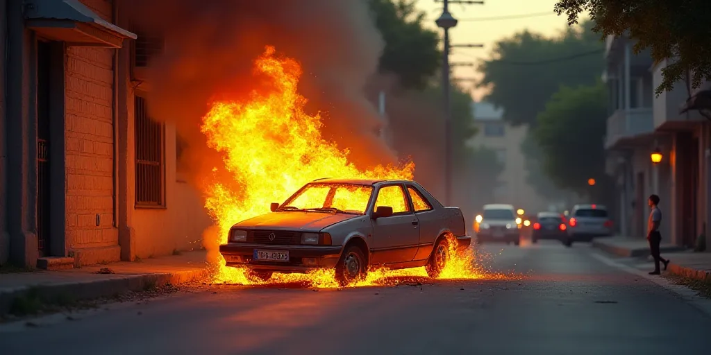a car that is on fire in the street near a building and trees in the background with a person standi
