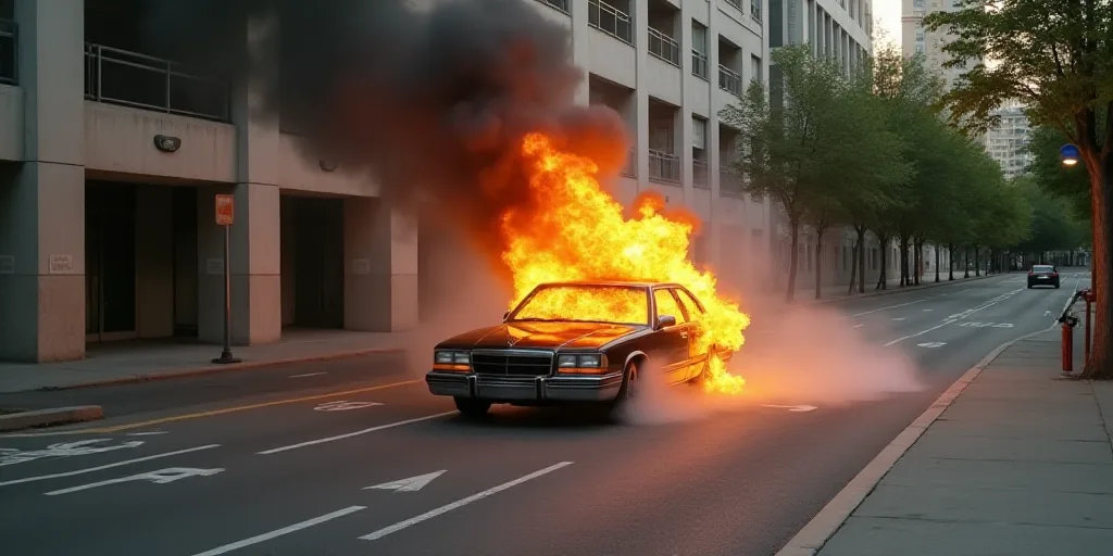 a car that is on fire in the street near a building and trees with a fire extinguisher, Estuardo Mal