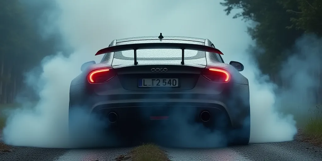 a car with a lot of smoke coming out of it's exhaust system and the back end of the car, Évariste V