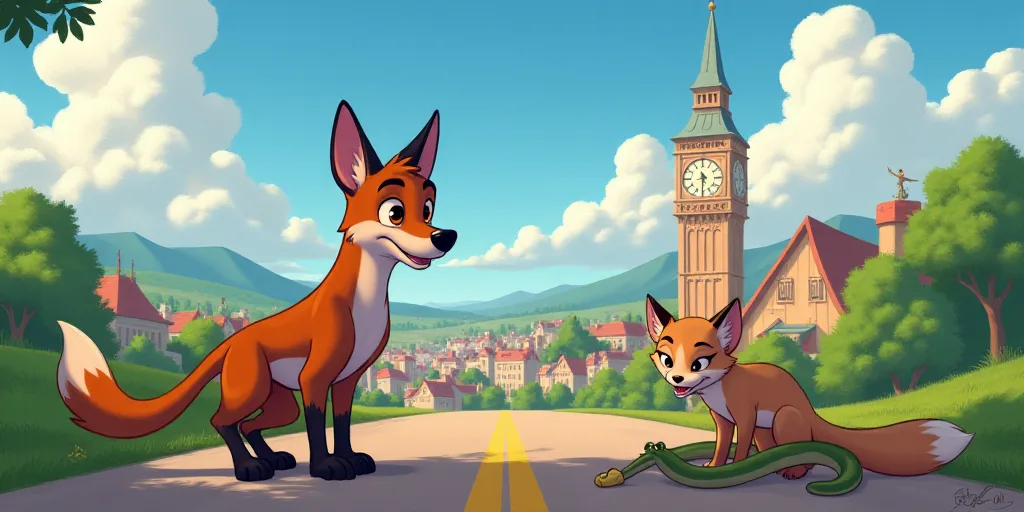 a cartoon character with a snake and a fox on a road with a city in the background and a clock tower