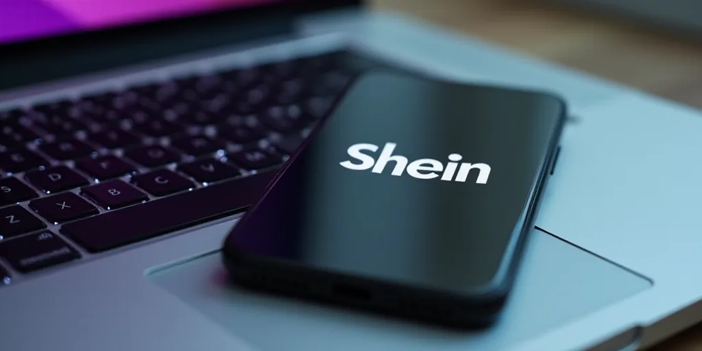 a cell phone is sitting on a laptop keyboard with a shein logo on it and a keyboard on the other sid