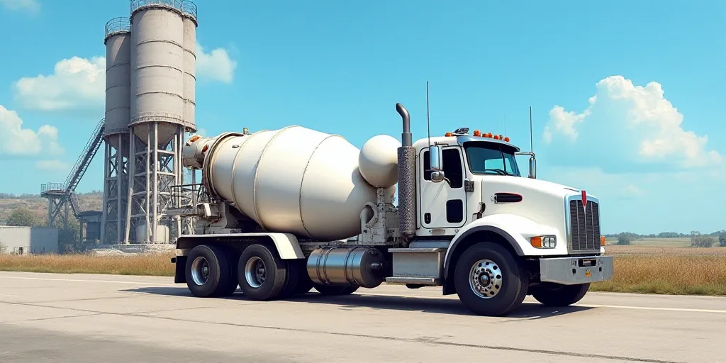 a cement truck parked in front of a cement plant with a sky background and a blue sky in the backgro