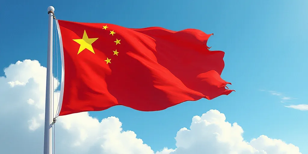 a chinese flag flying in the wind with a blue sky in the background and a white pole with a yellow s