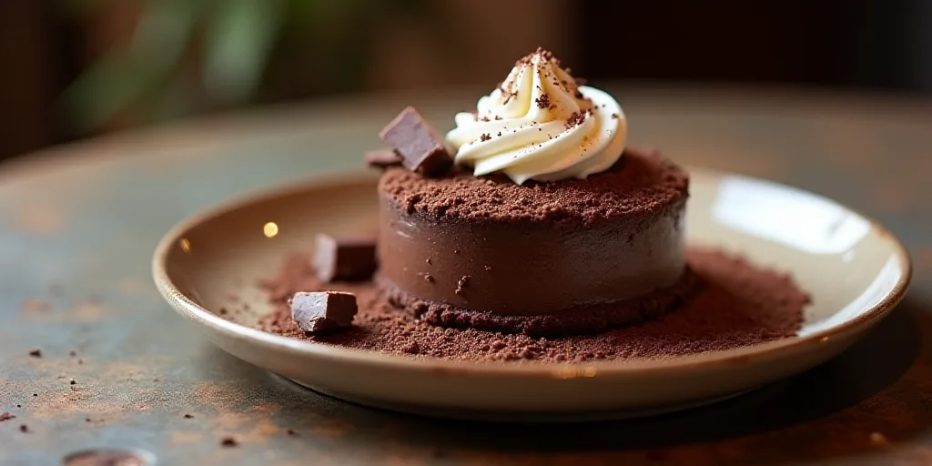 a chocolate dessert with chocolate pieces and whipped cream on top of it on a plate on a table top,