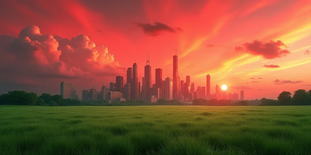a city skyline with a green field in the foreground and a red sky in the background with clouds, Chr