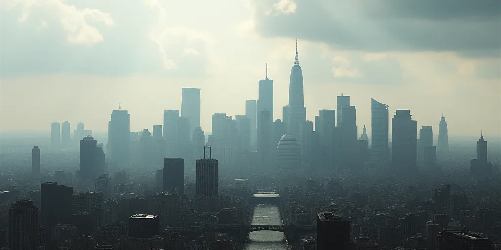 a city skyline with a lot of tall buildings in the background and a cloudy sky in the background,, C