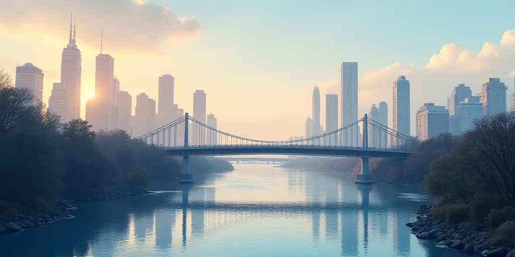 a city skyline with a river running through it and a bridge crossing over it in the foreground and a