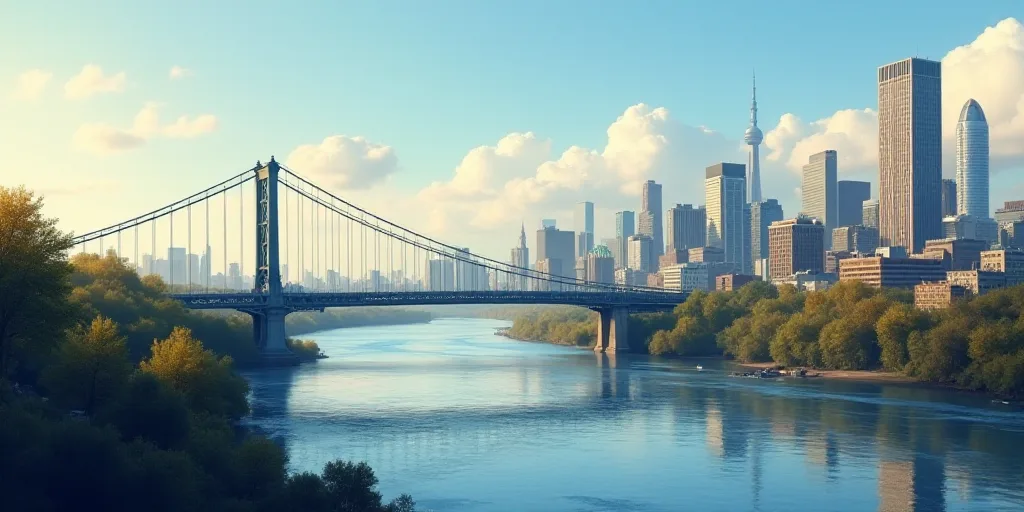 a city skyline with a river running through it and a bridge crossing over it in the foreground and a