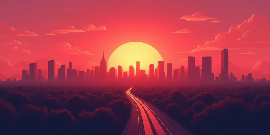 a city skyline with a sunset in the background and a red sky in the foreground with a few clouds, Ed