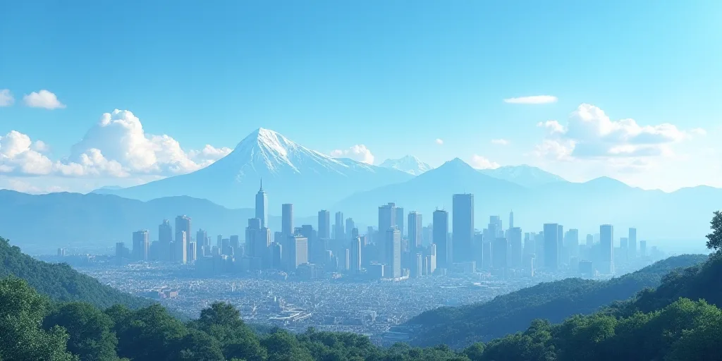 a city skyline with mountains in the background and a blue sky in the foreground with a few clouds,