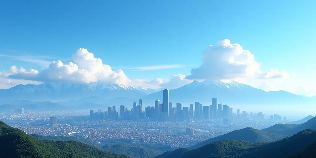 a city skyline with mountains in the background and a blue sky in the foreground with a few clouds,