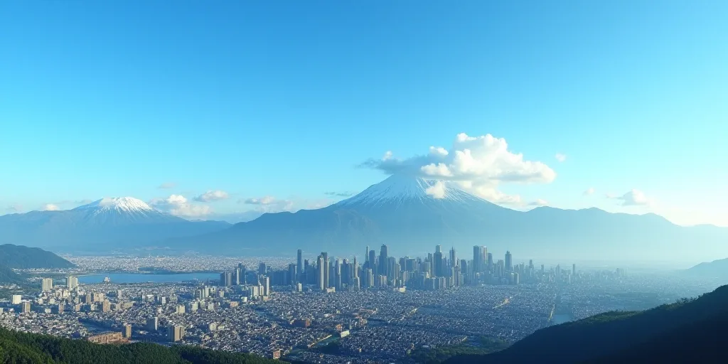 a city skyline with mountains in the background and a blue sky in the foreground with a few clouds,