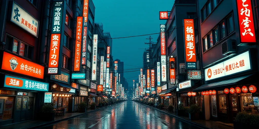 a city street filled with lots of tall buildings and signs covered in asian writing and lights and s