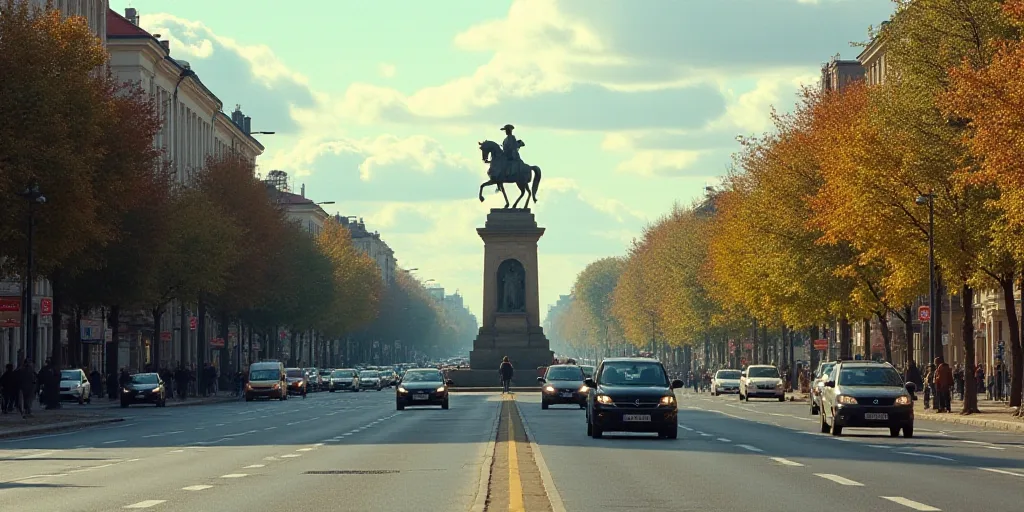 a city street with a statue in the middle of it and cars driving down the road in front of it, Cánd