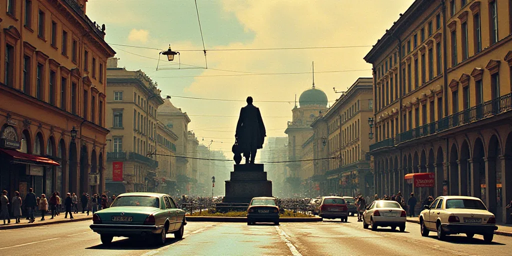 a city street with a statue in the middle of it and cars driving down the road in front of it, David