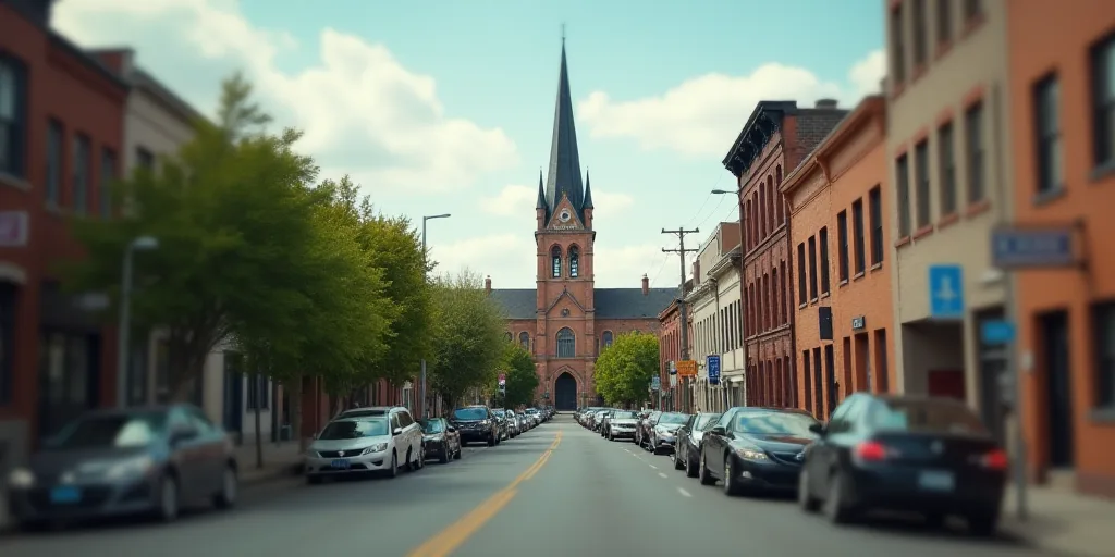 a city street with cars parked on both sides of it and a church tower in the background with a sky b