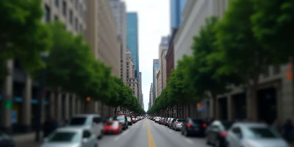a city street with tall buildings and trees on both sides of it and a street lined with cars and bus
