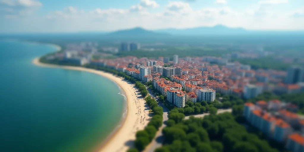a city with a beach and a body of water in the background and a body of water in the foreground, Cef
