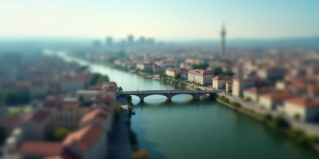 a city with a bridge and a bridge over it with a sky line above it and a city below, Aquirax Uno, bl