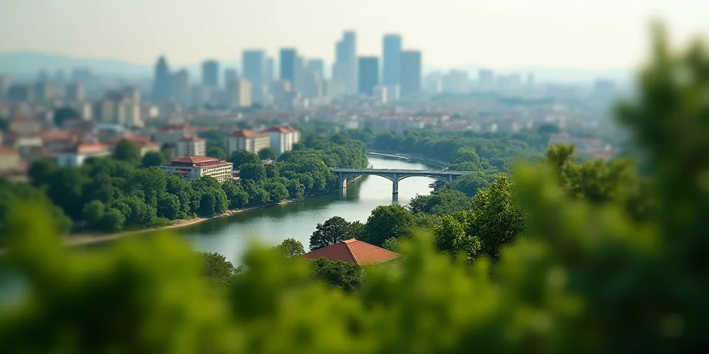 a city with a bridge and a green roof and a lot of trees and bushes in the foreground, Edi Rama, cit
