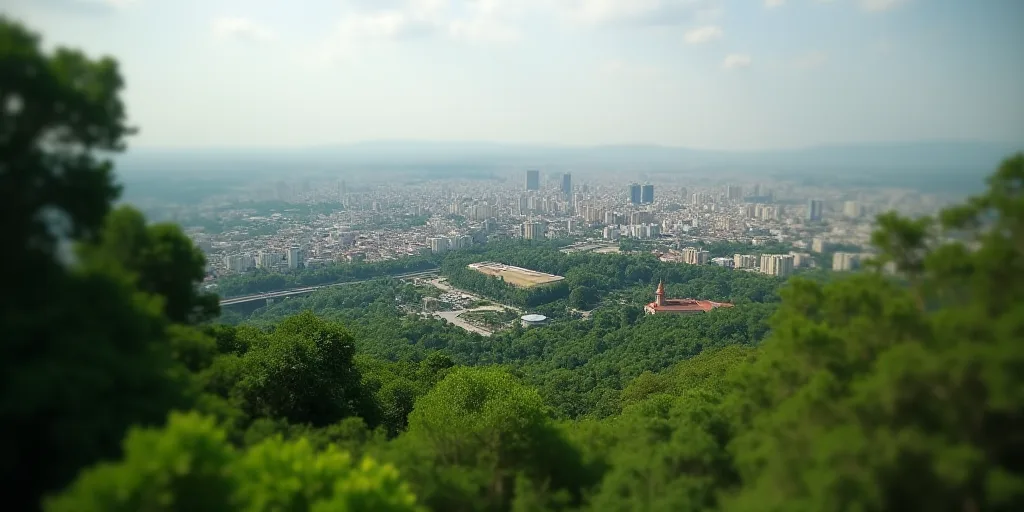 a city with a bridge and a green roof and a lot of trees and bushes in the foreground, Edi Rama, cit