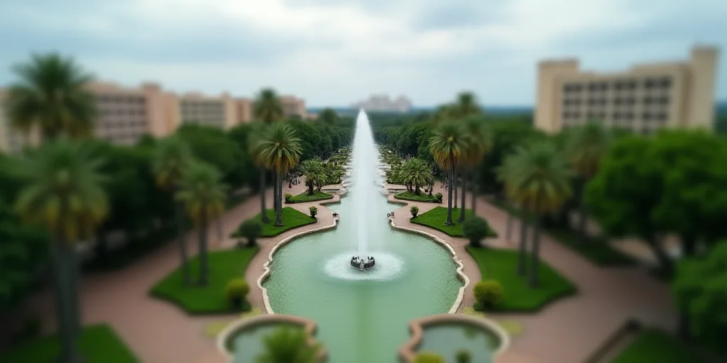 a city with a fountain surrounded by palm trees and buildings in the background with a cloudy sky in