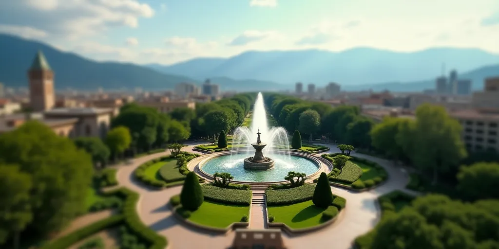 a city with a fountain surrounded by trees and bushes in the middle of it with mountains in the back