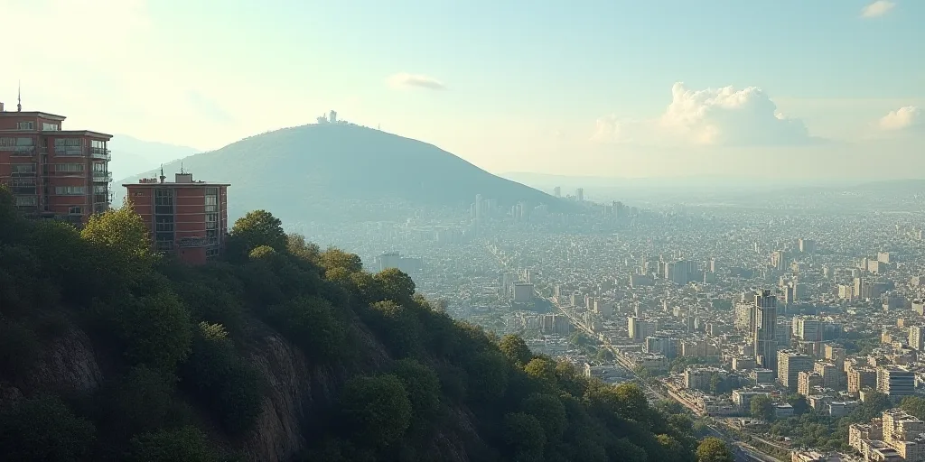 a city with a hill in the background and a few buildings on the hill side in the foreground, Bracha